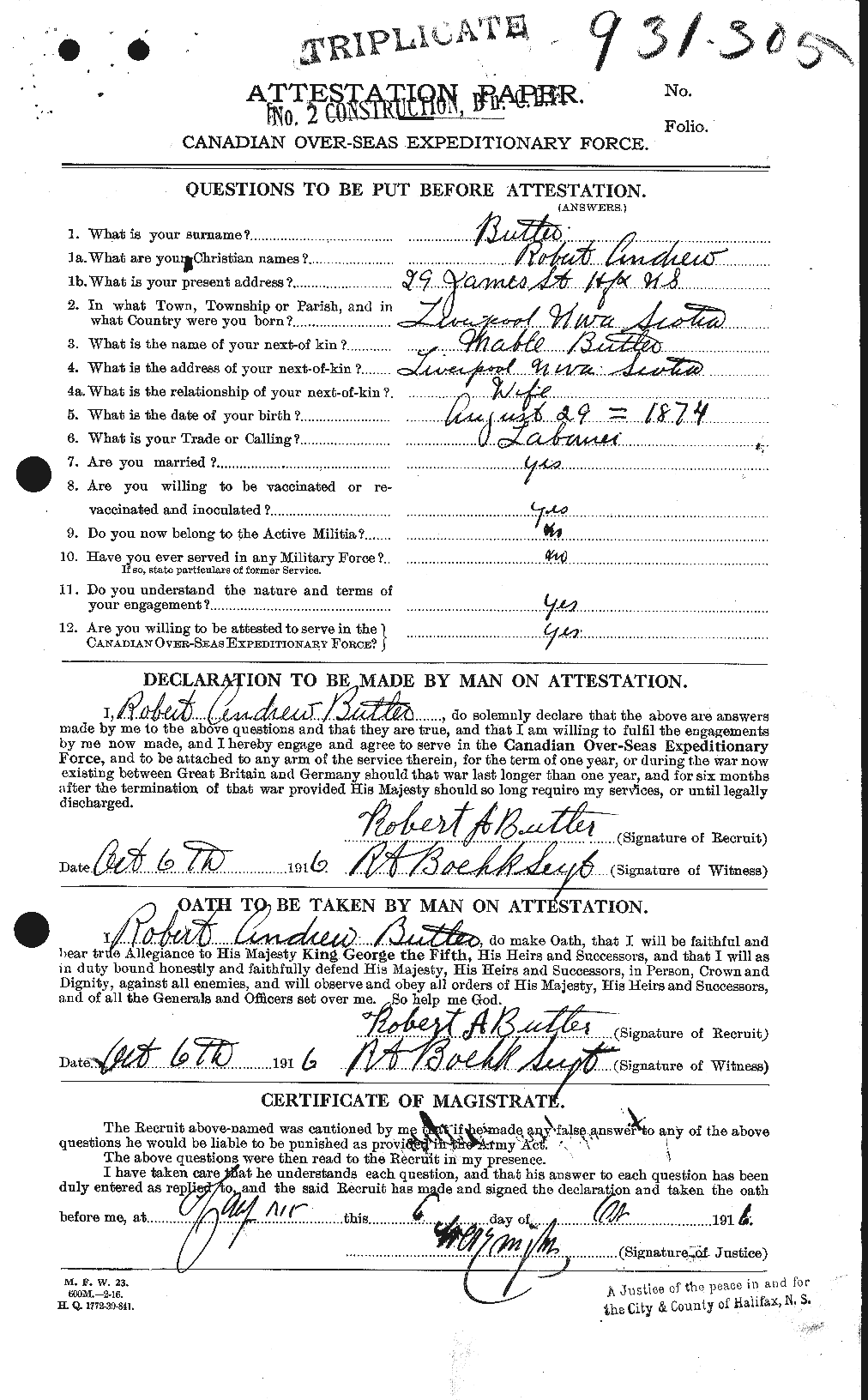 Dossiers du Personnel de la Première Guerre mondiale - CEC 278221a