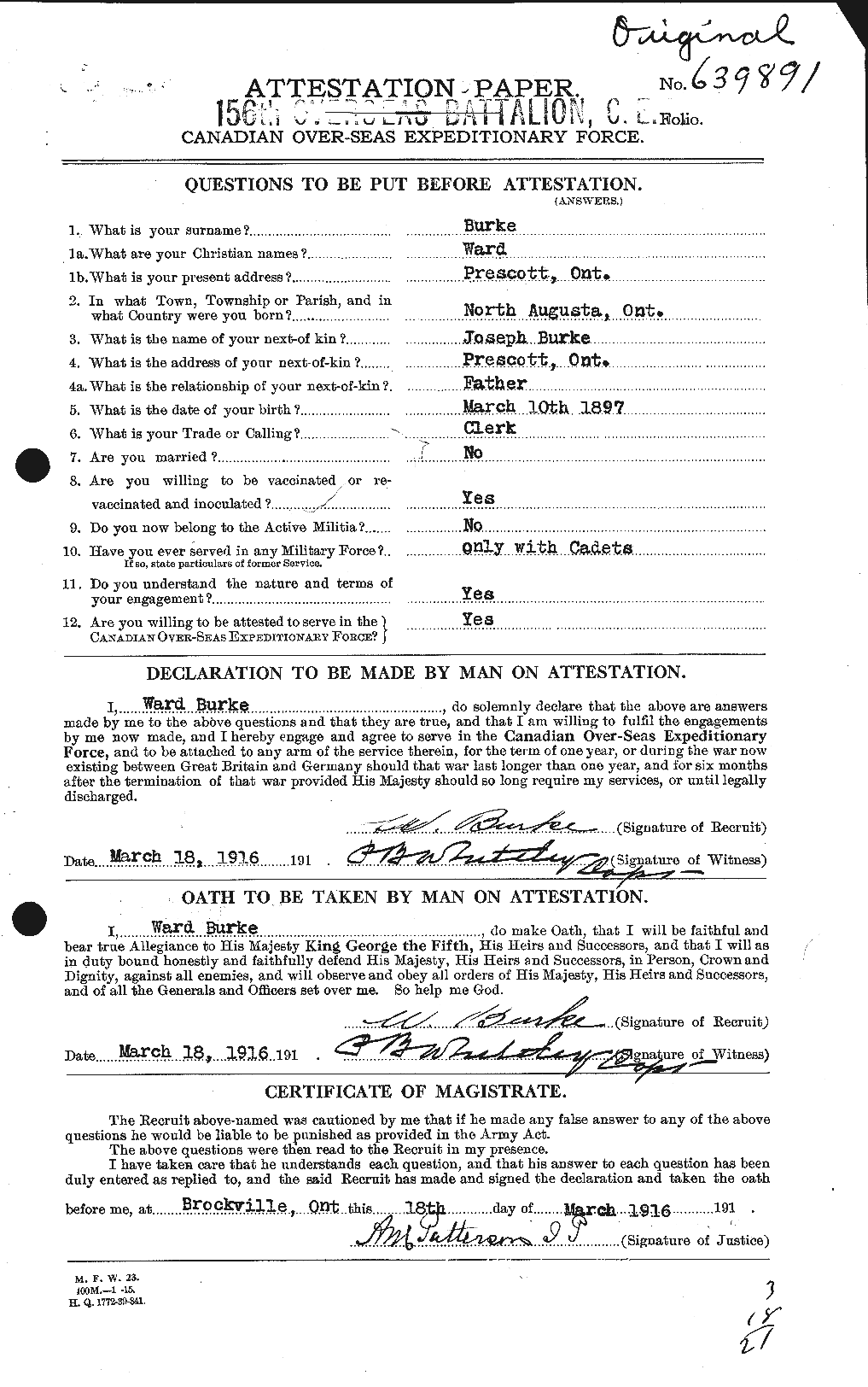 Dossiers du Personnel de la Première Guerre mondiale - CEC 278496a