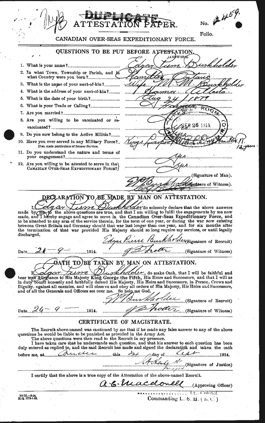 Dossiers du Personnel de la Première Guerre mondiale - CEC 278570a