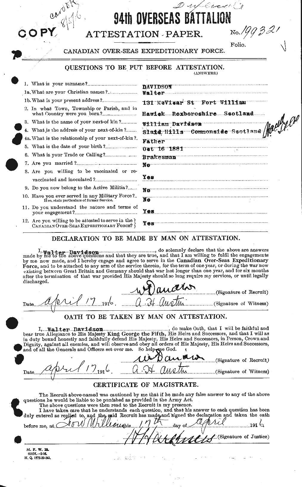 Dossiers du Personnel de la Première Guerre mondiale - CEC 278710a