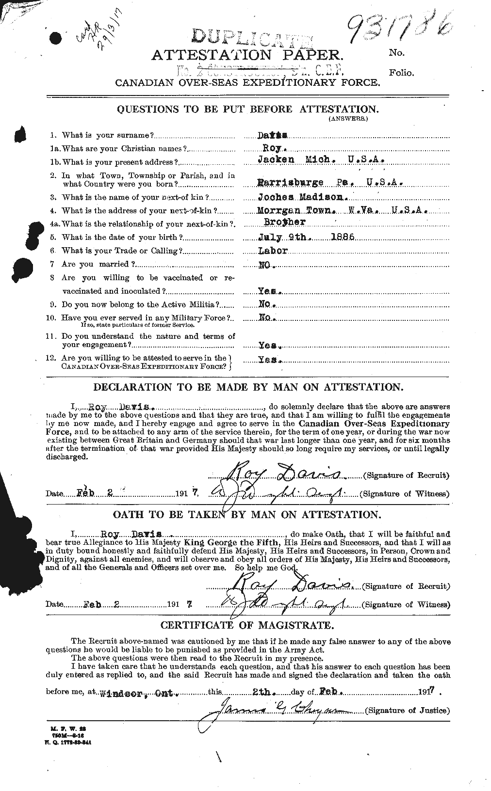 Dossiers du Personnel de la Première Guerre mondiale - CEC 279175a
