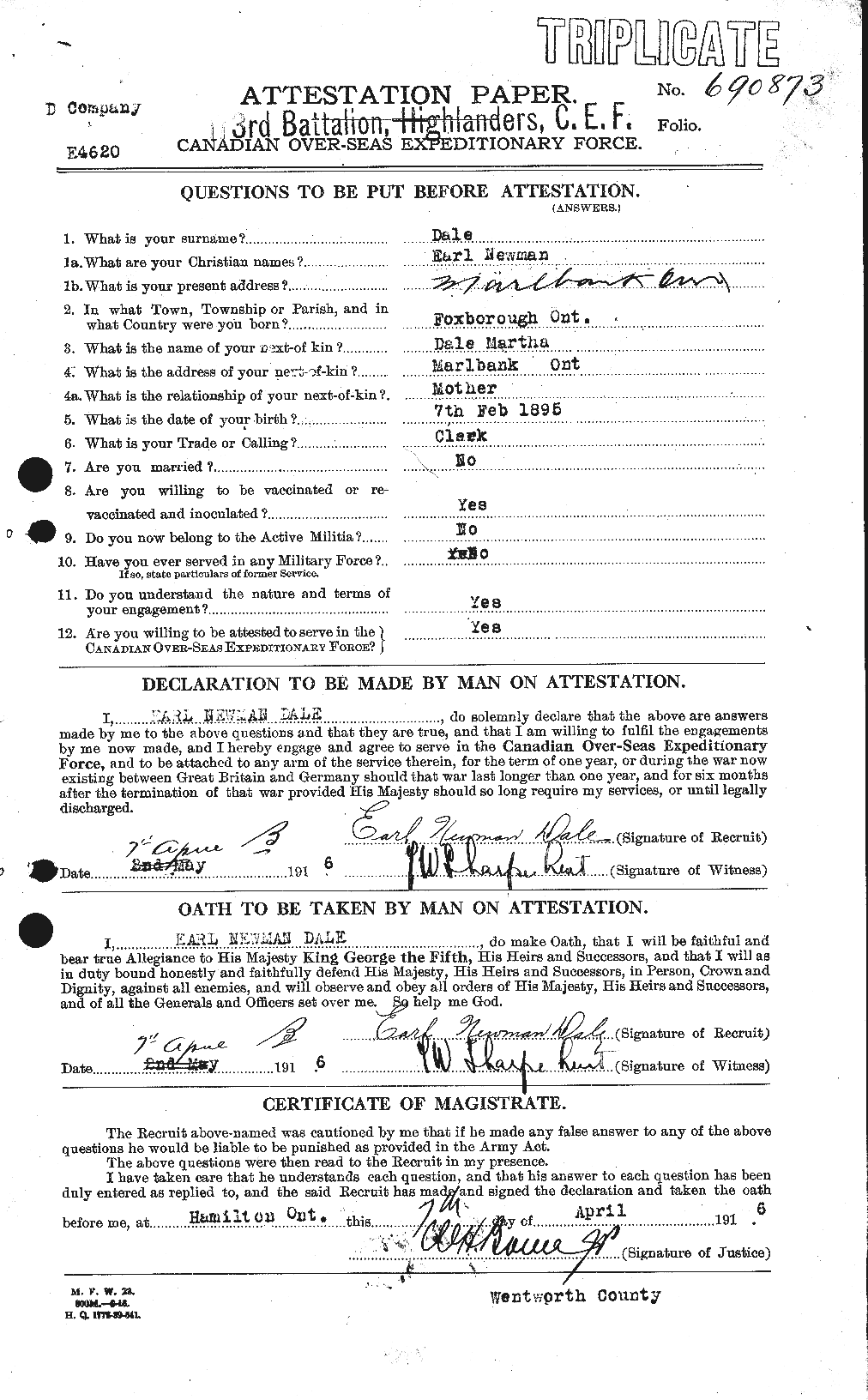 Dossiers du Personnel de la Première Guerre mondiale - CEC 279331a