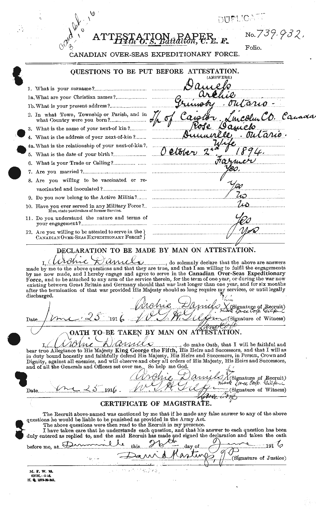 Dossiers du Personnel de la Première Guerre mondiale - CEC 279568a