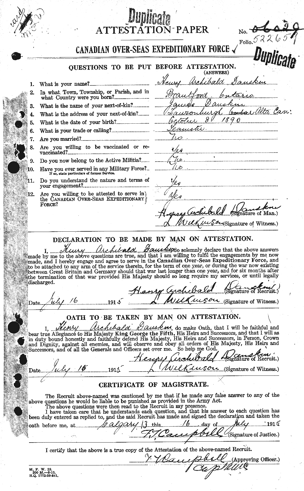 Dossiers du Personnel de la Première Guerre mondiale - CEC 279862a
