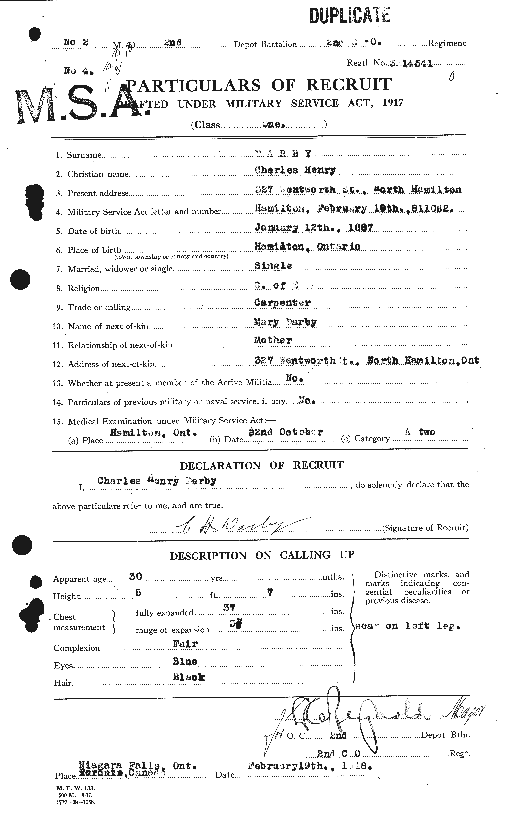 Dossiers du Personnel de la Première Guerre mondiale - CEC 279987a