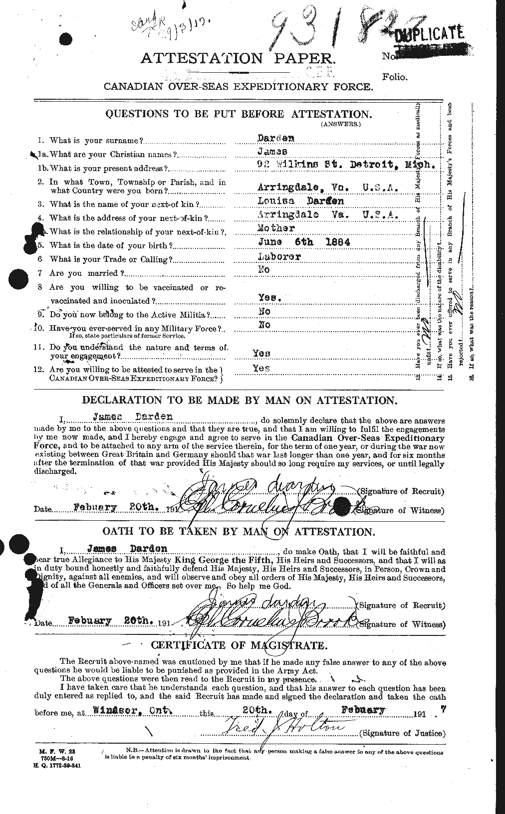 Dossiers du Personnel de la Première Guerre mondiale - CEC 280054a