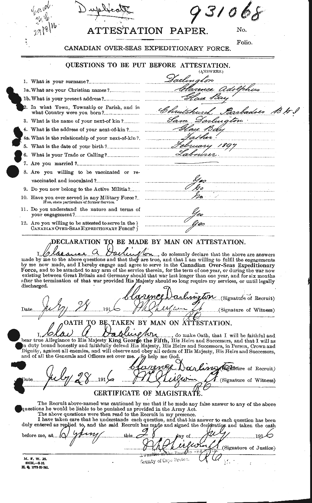Dossiers du Personnel de la Première Guerre mondiale - CEC 280257a