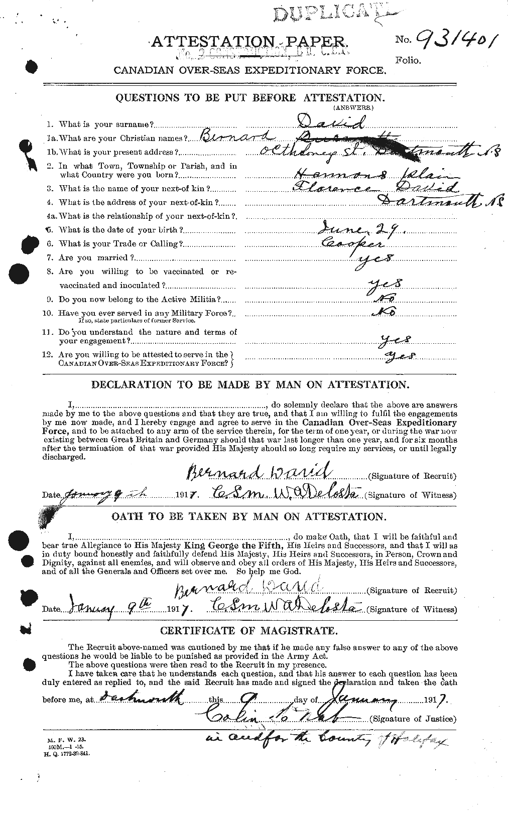 Dossiers du Personnel de la Première Guerre mondiale - CEC 280592a