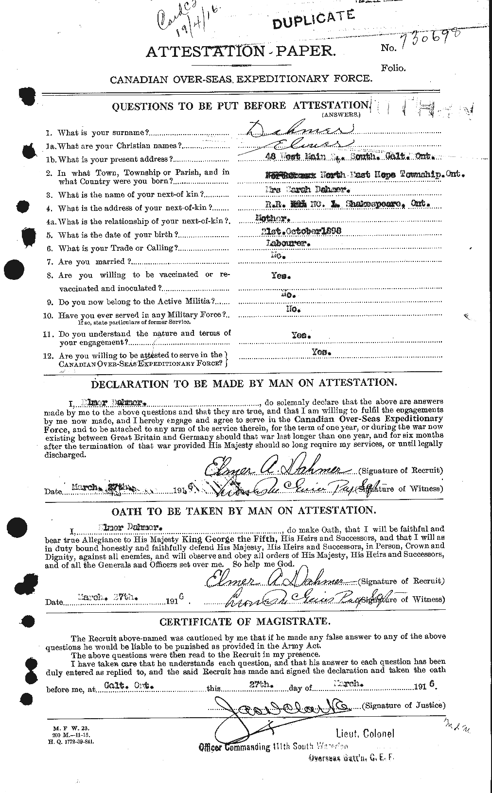 Dossiers du Personnel de la Première Guerre mondiale - CEC 280821a