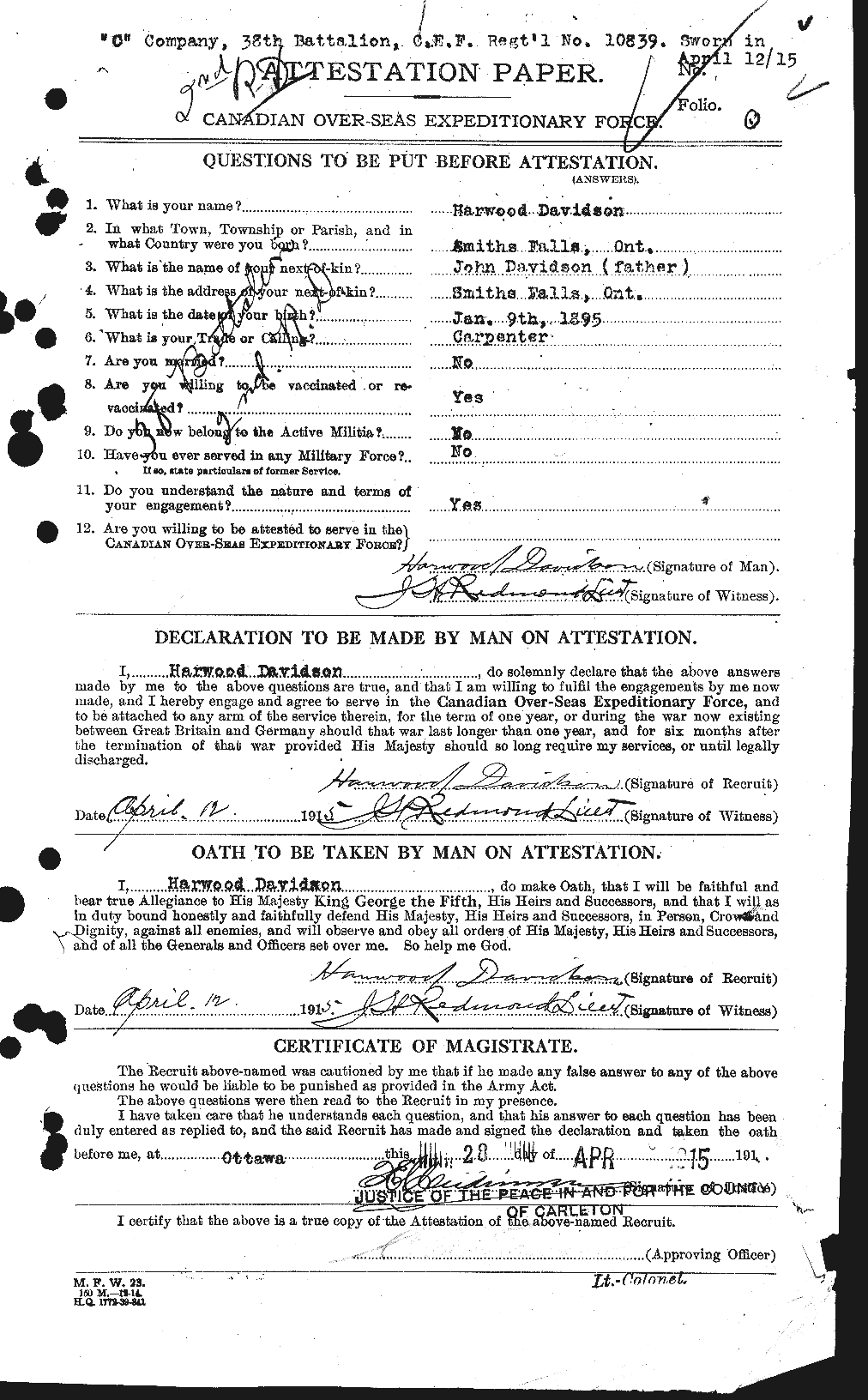Dossiers du Personnel de la Première Guerre mondiale - CEC 281189a