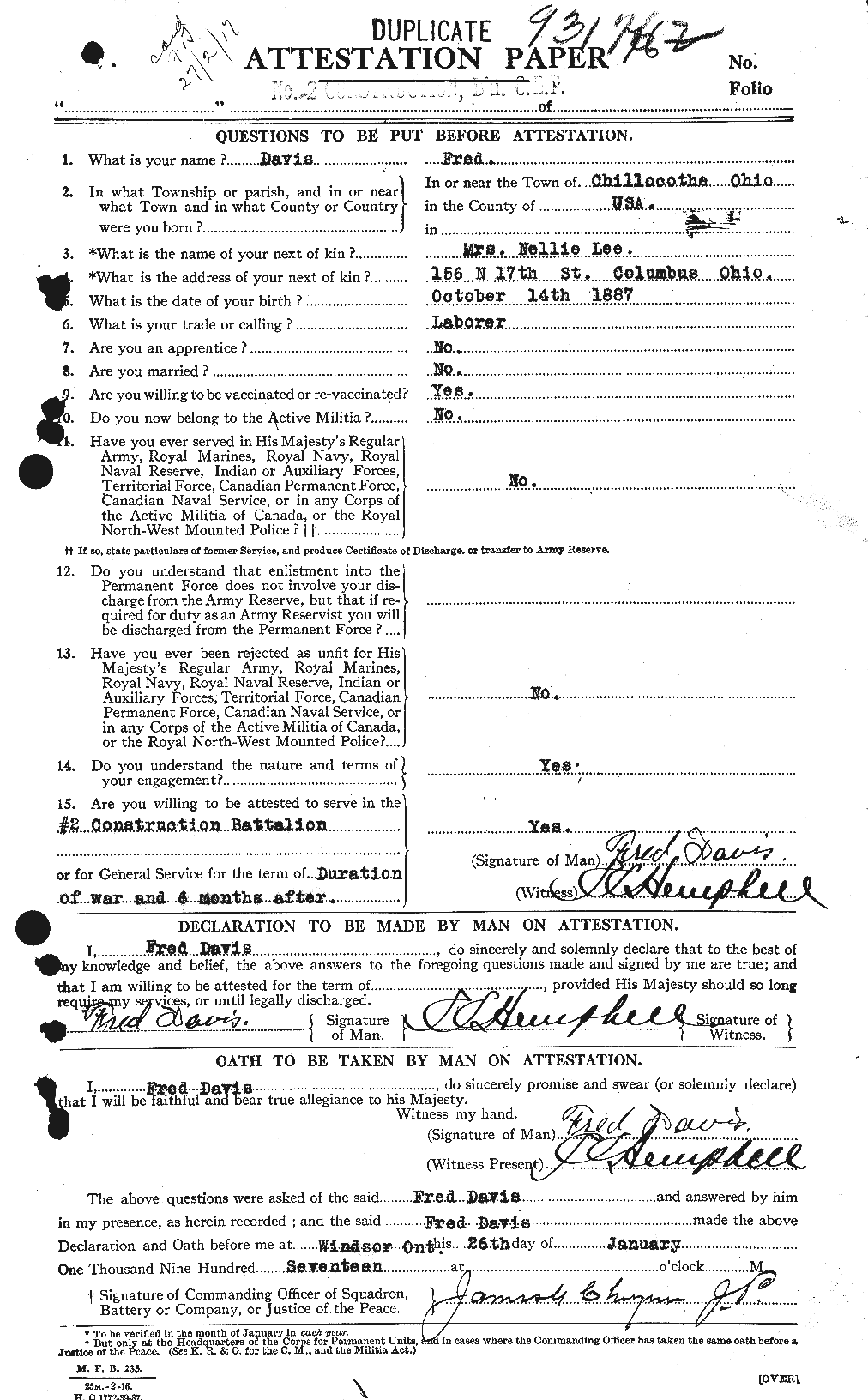 Dossiers du Personnel de la Première Guerre mondiale - CEC 281921a
