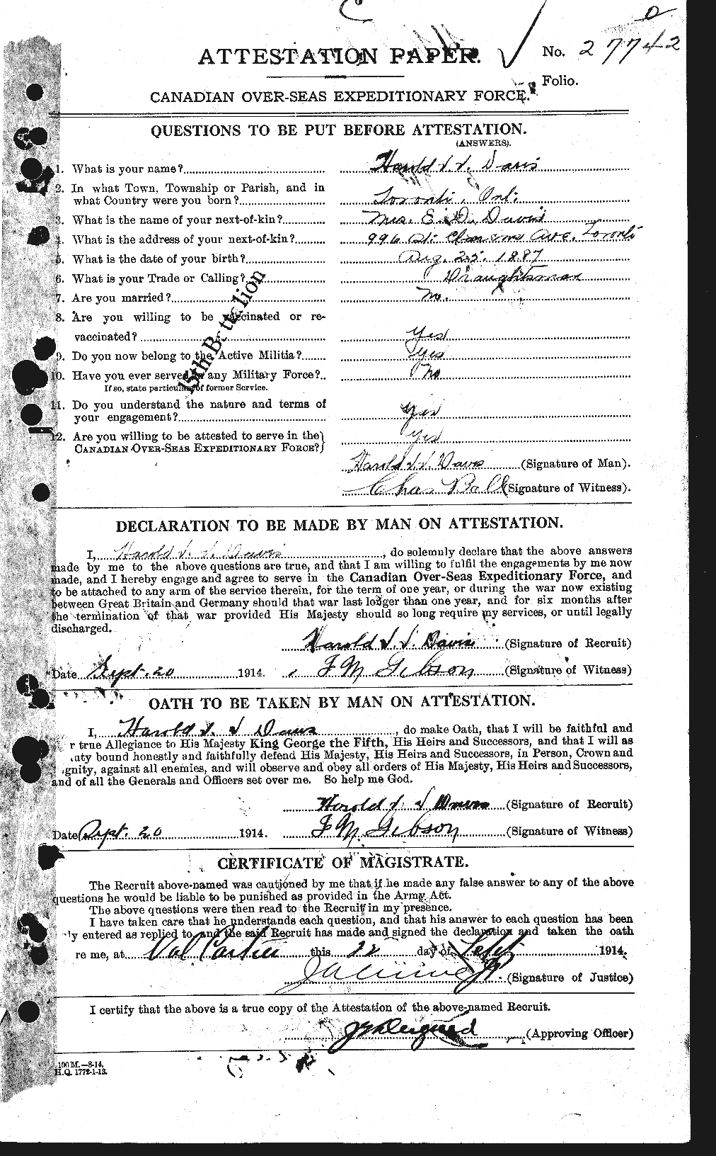 Dossiers du Personnel de la Première Guerre mondiale - CEC 282054a