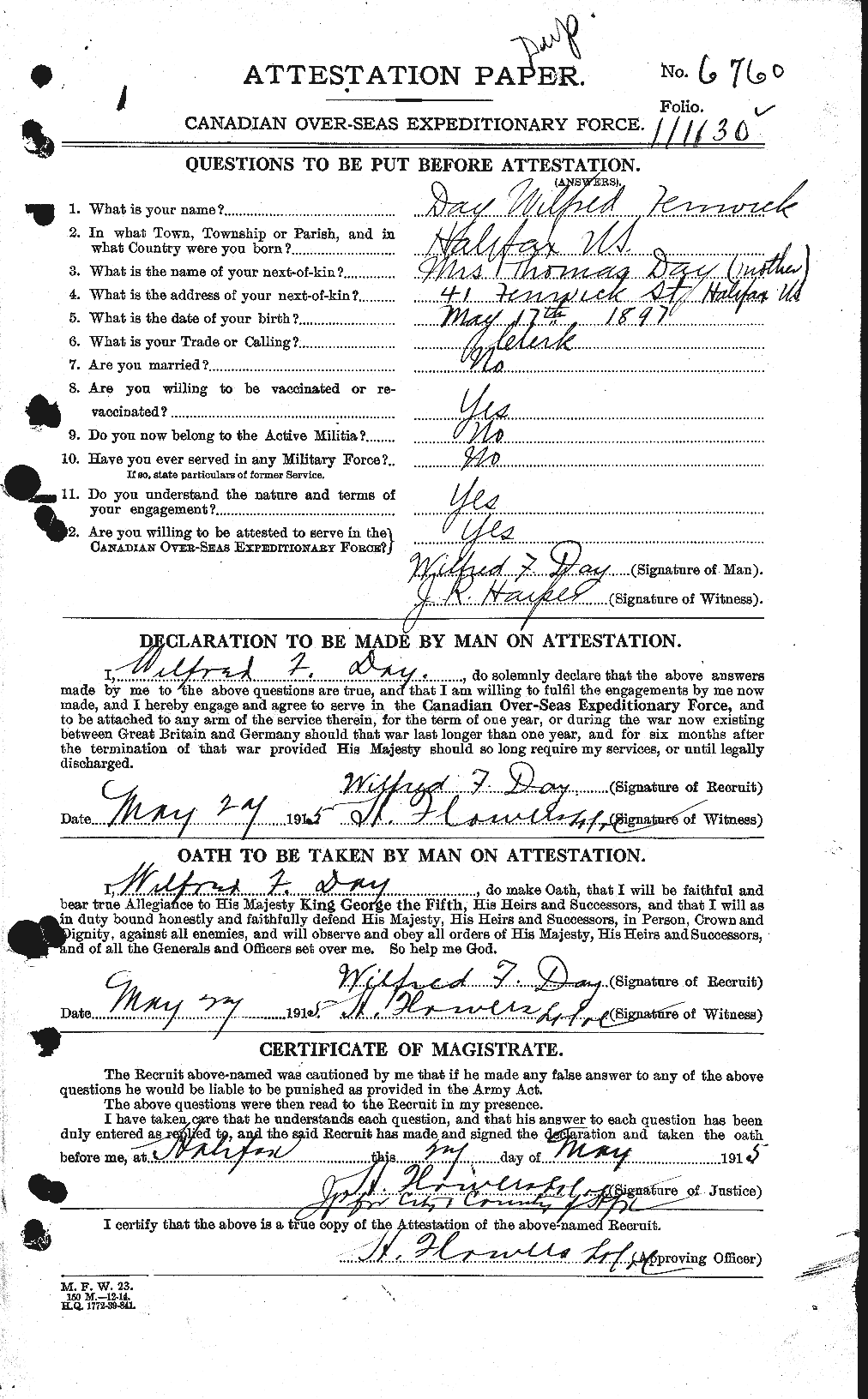 Dossiers du Personnel de la Première Guerre mondiale - CEC 283518a