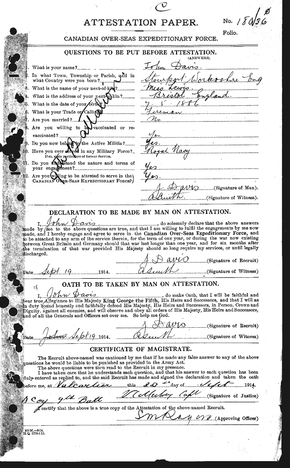 Dossiers du Personnel de la Première Guerre mondiale - CEC 284053a