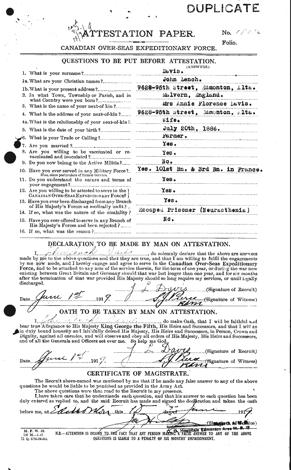 Dossiers du Personnel de la Première Guerre mondiale - CEC 284090a