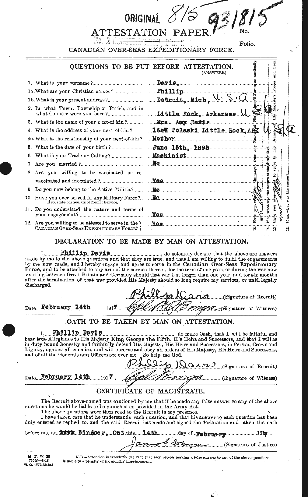 Dossiers du Personnel de la Première Guerre mondiale - CEC 284228a