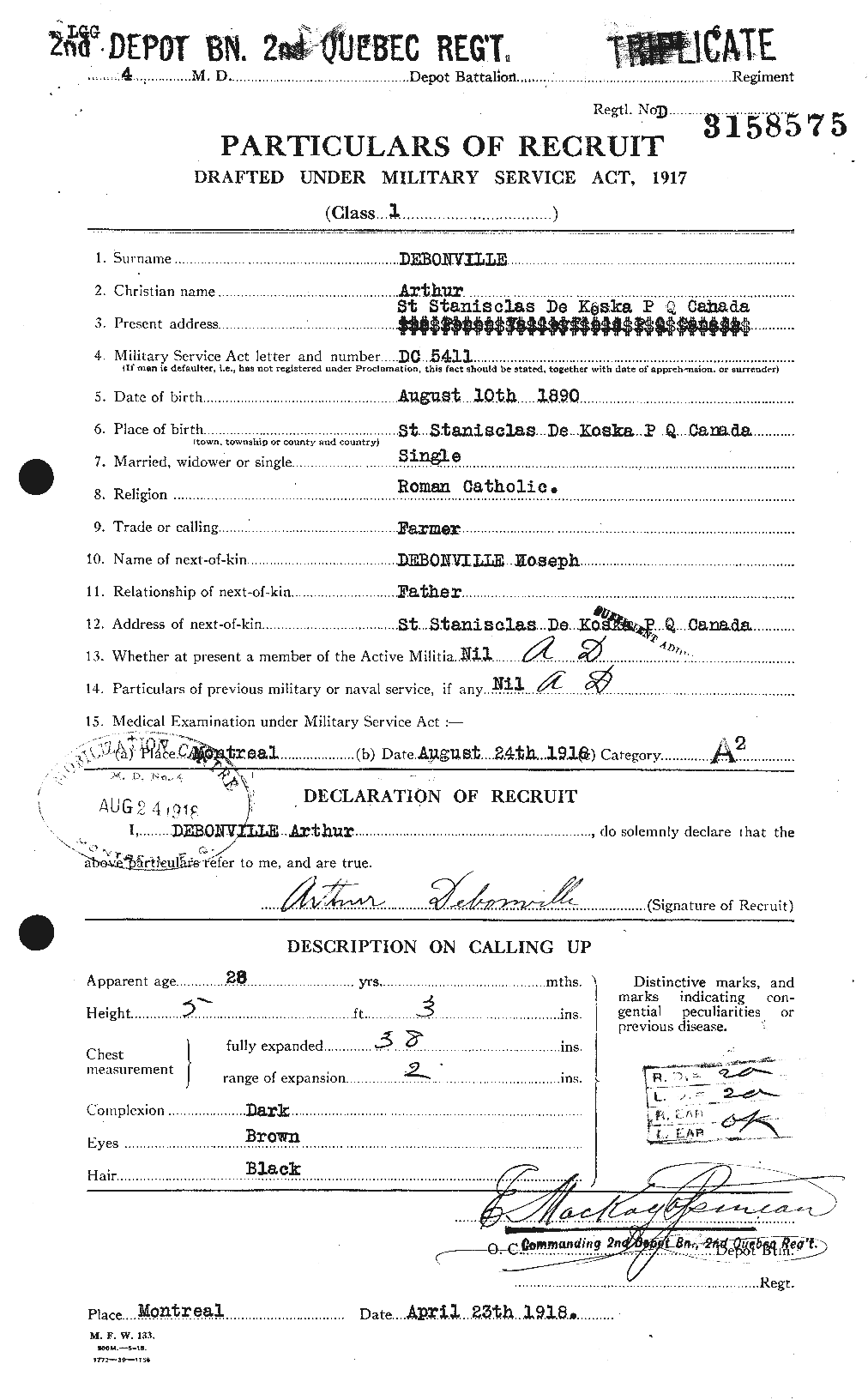 Dossiers du Personnel de la Première Guerre mondiale - CEC 284785a
