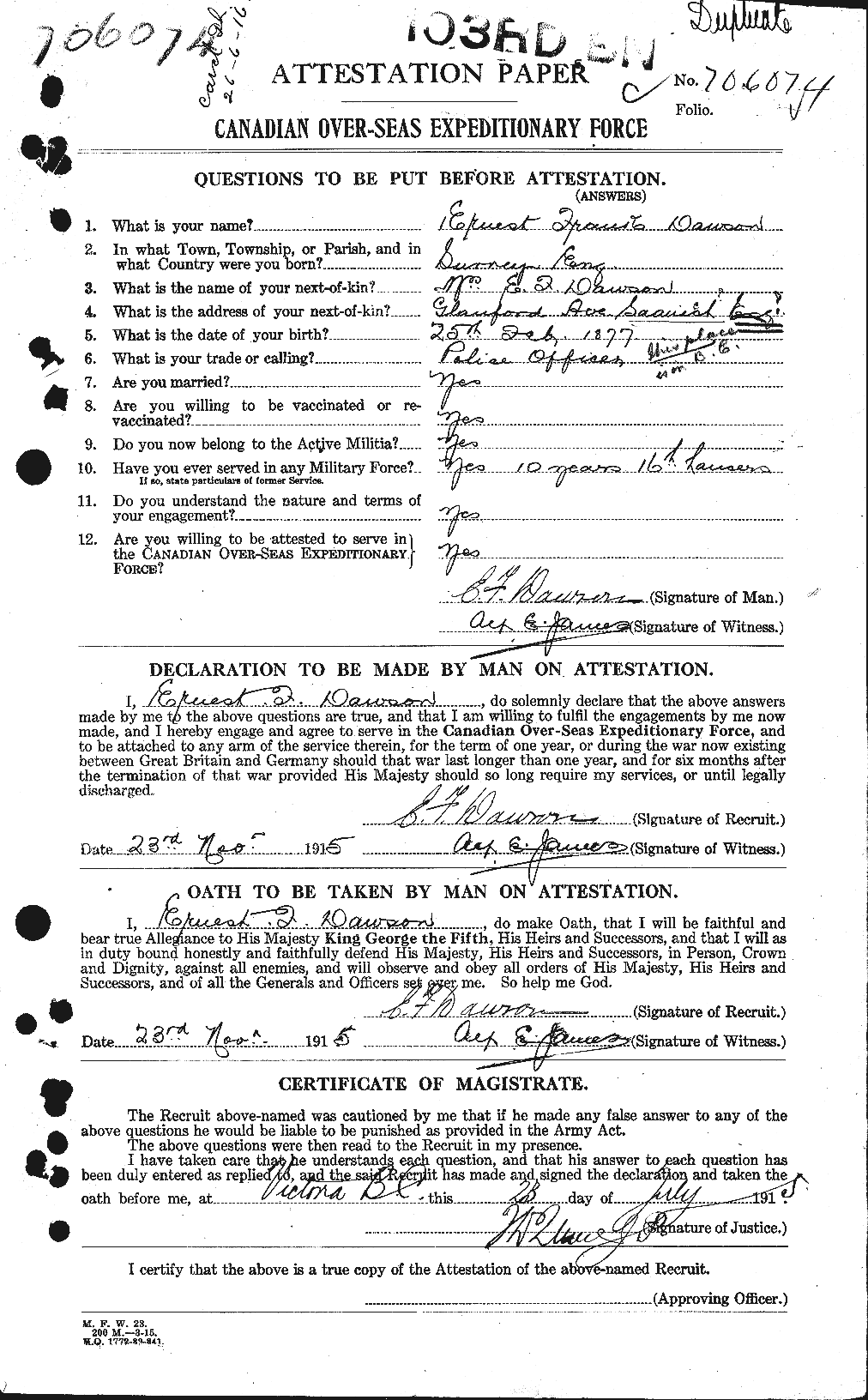 Dossiers du Personnel de la Première Guerre mondiale - CEC 285140a