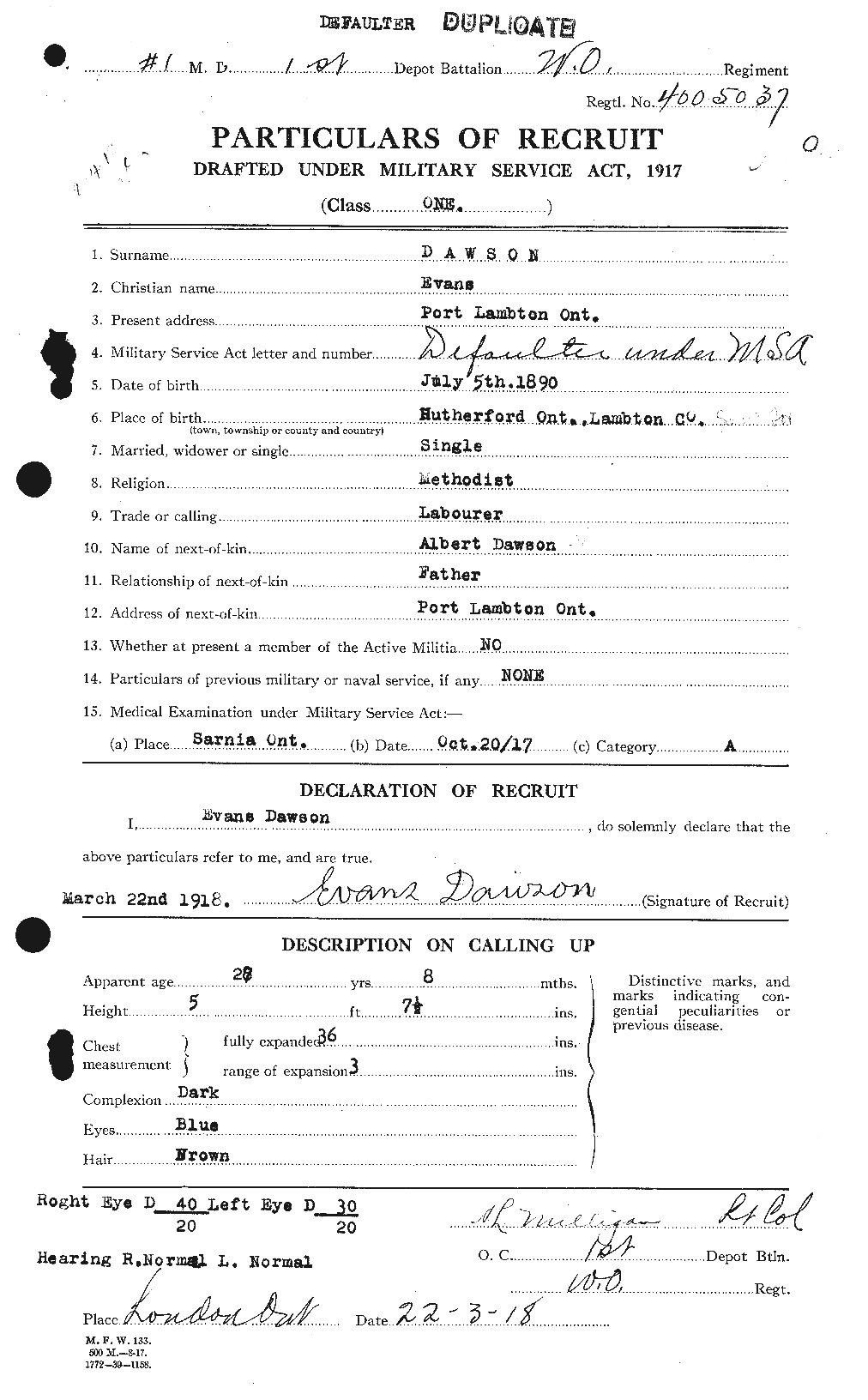 Dossiers du Personnel de la Première Guerre mondiale - CEC 285142a
