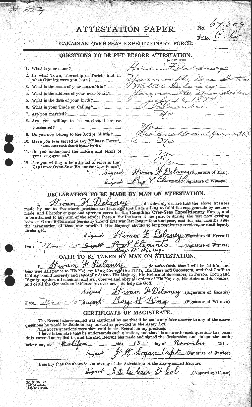 Dossiers du Personnel de la Première Guerre mondiale - CEC 285472a