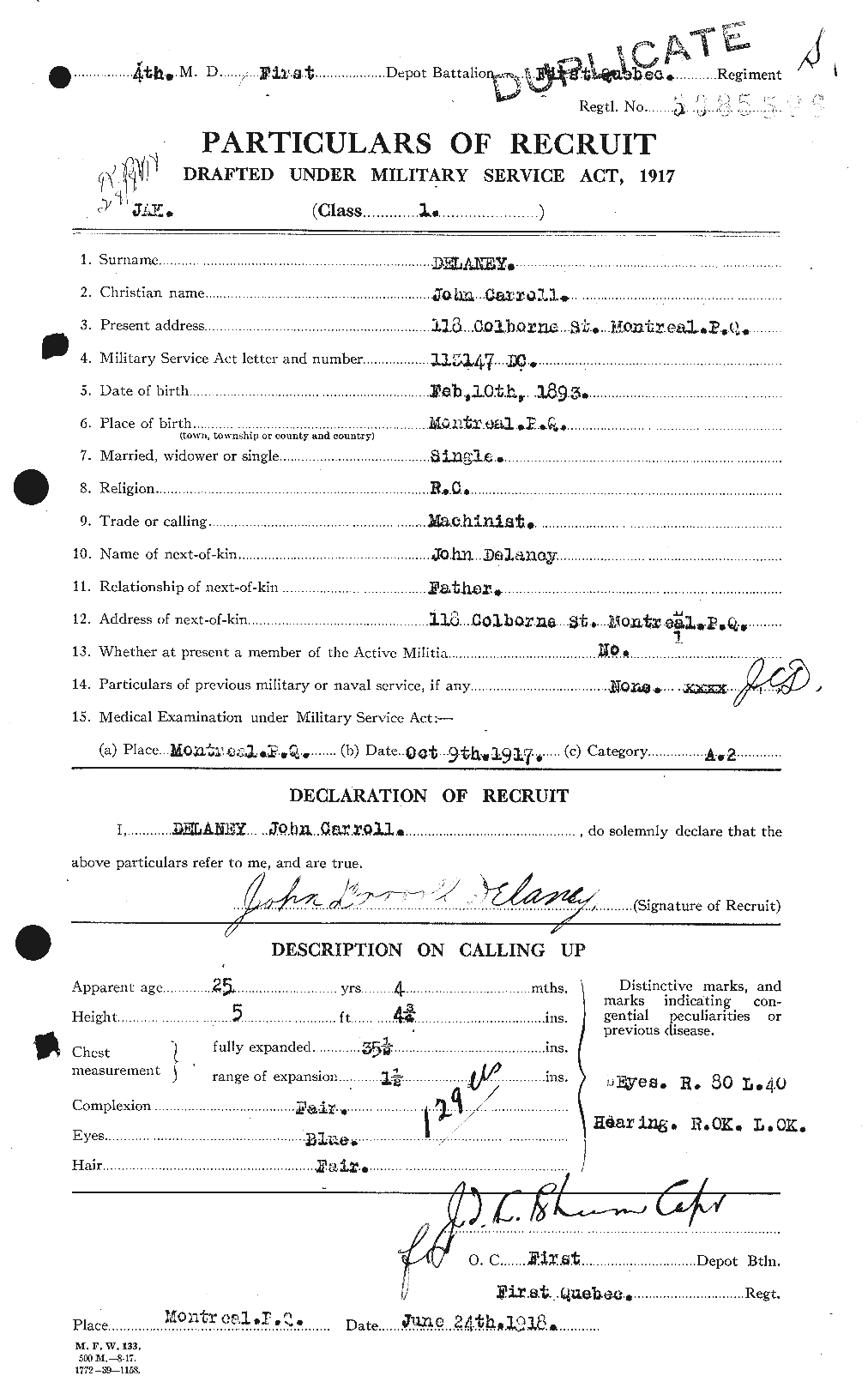 Dossiers du Personnel de la Première Guerre mondiale - CEC 285490a