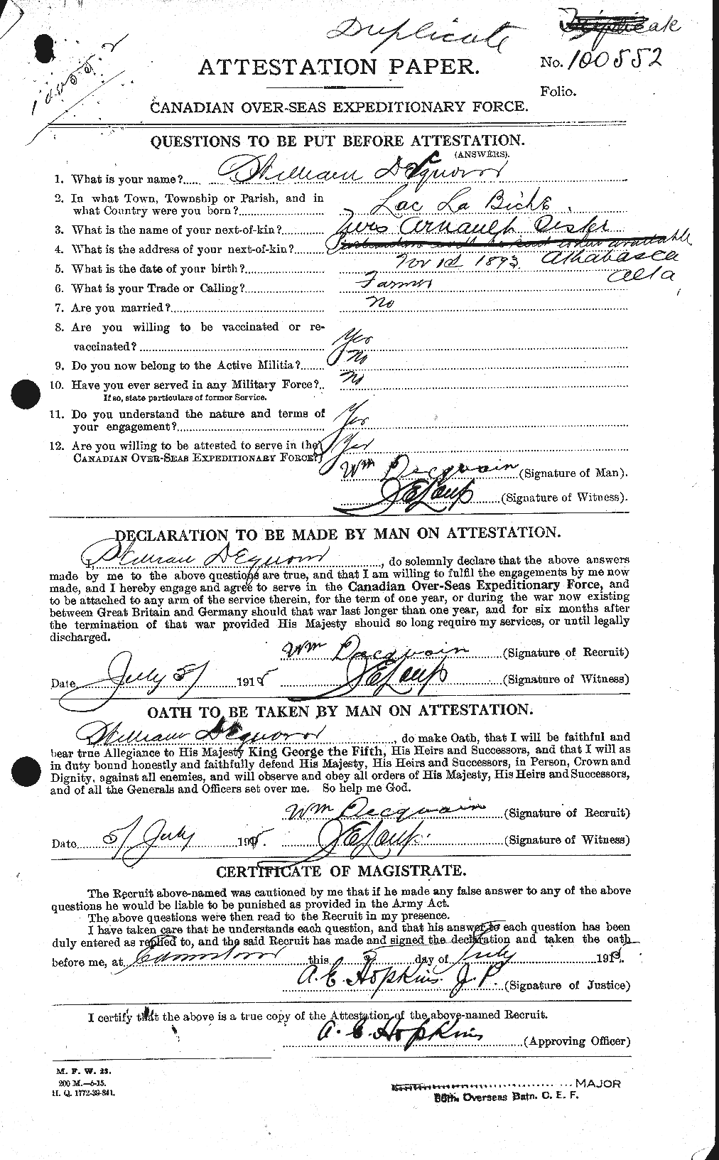 Dossiers du Personnel de la Première Guerre mondiale - CEC 285658a