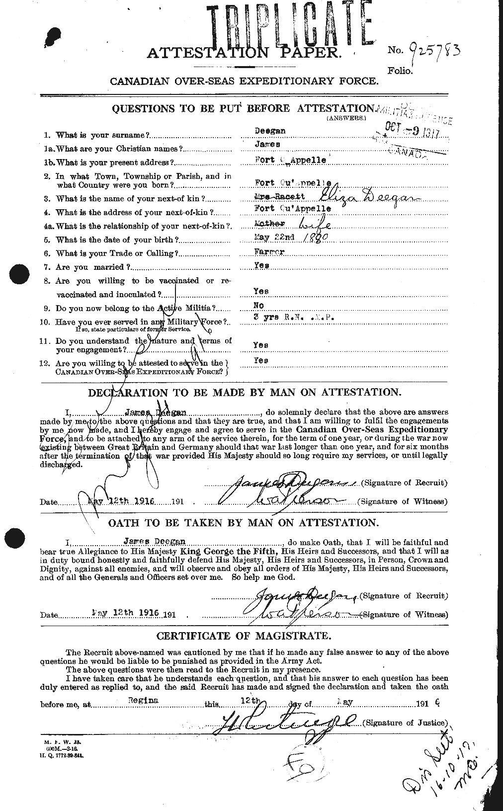 Dossiers du Personnel de la Première Guerre mondiale - CEC 285736a