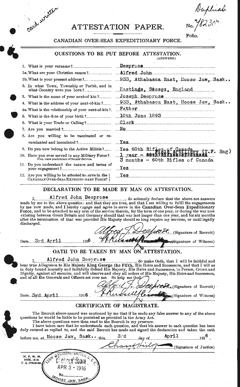 Dossiers du Personnel de la Première Guerre mondiale - CEC 285793a
