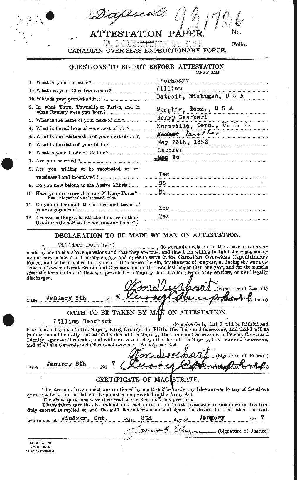 Dossiers du Personnel de la Première Guerre mondiale - CEC 285811a