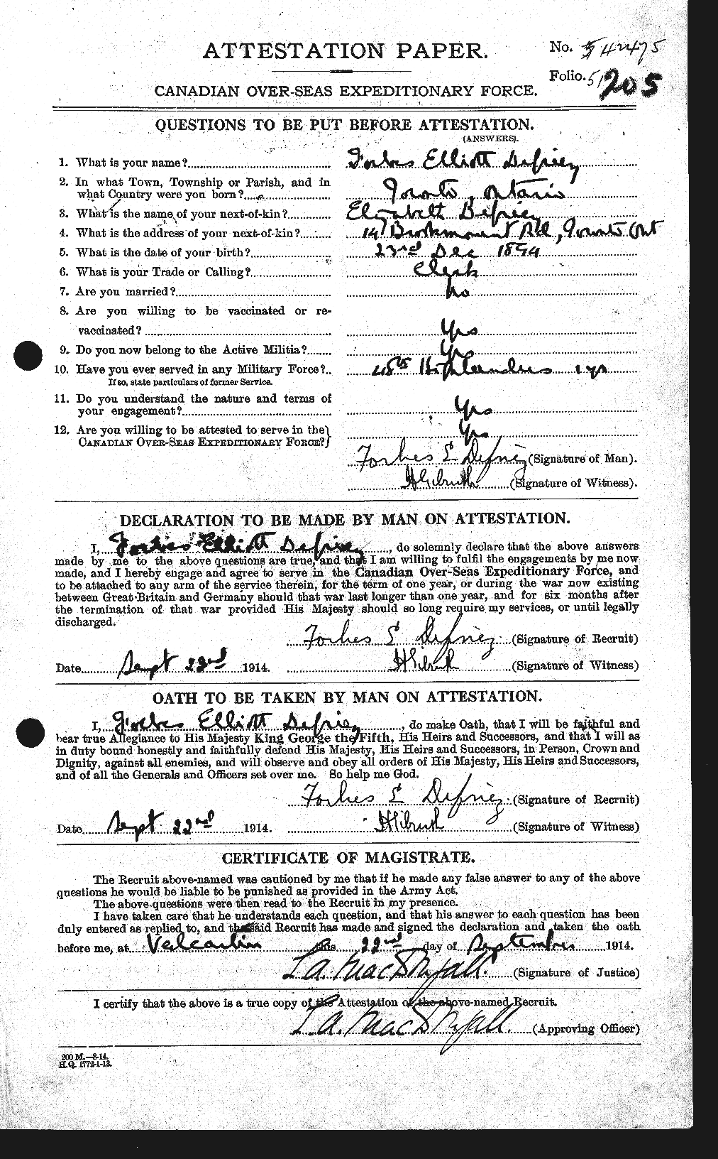 Dossiers du Personnel de la Première Guerre mondiale - CEC 285909a