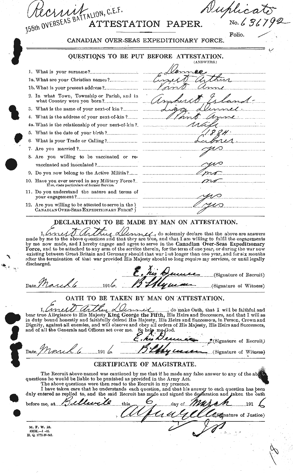 Dossiers du Personnel de la Première Guerre mondiale - CEC 286050a