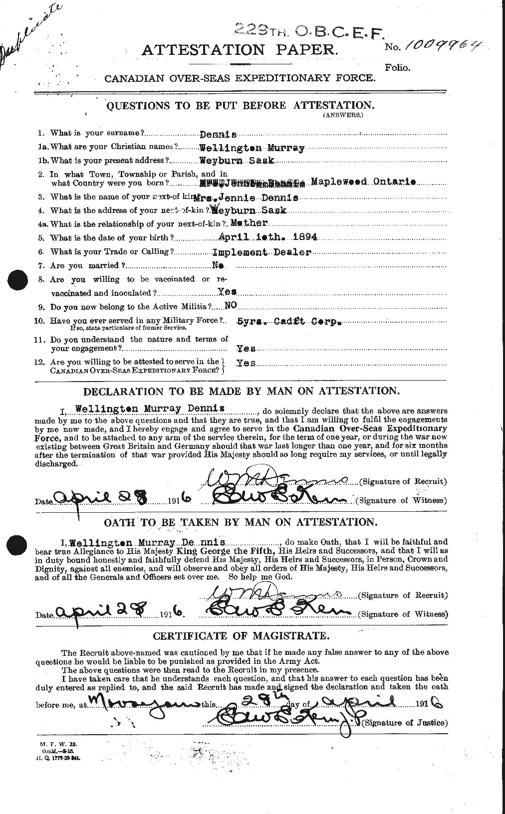 Dossiers du Personnel de la Première Guerre mondiale - CEC 286263a