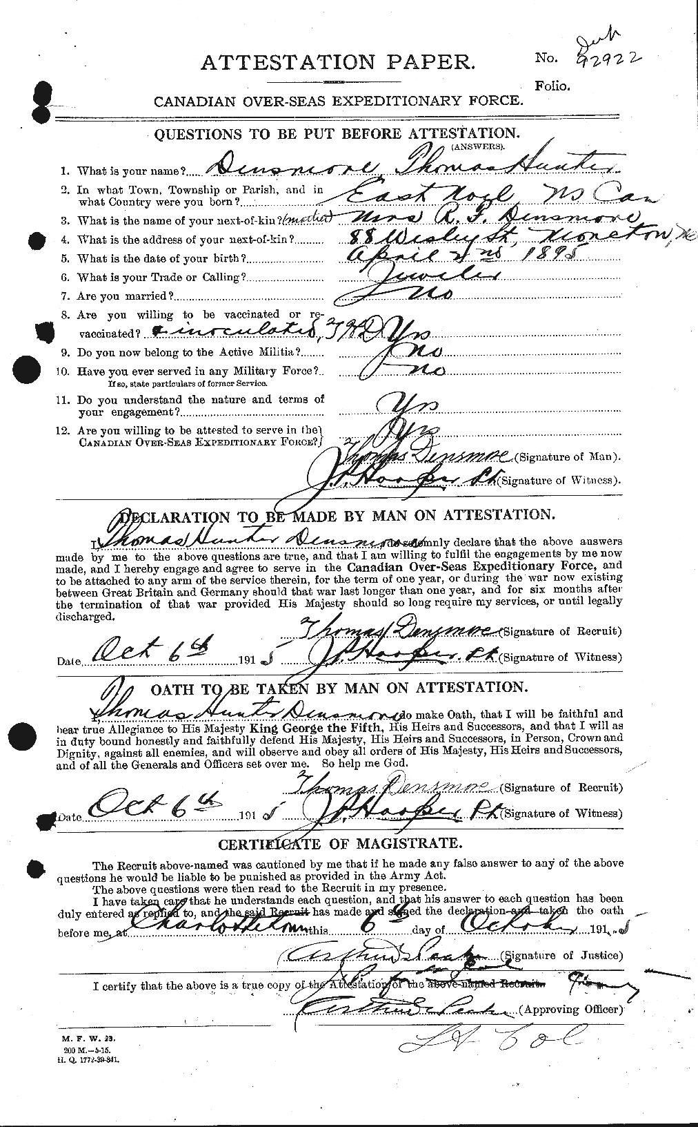 Dossiers du Personnel de la Première Guerre mondiale - CEC 286440a