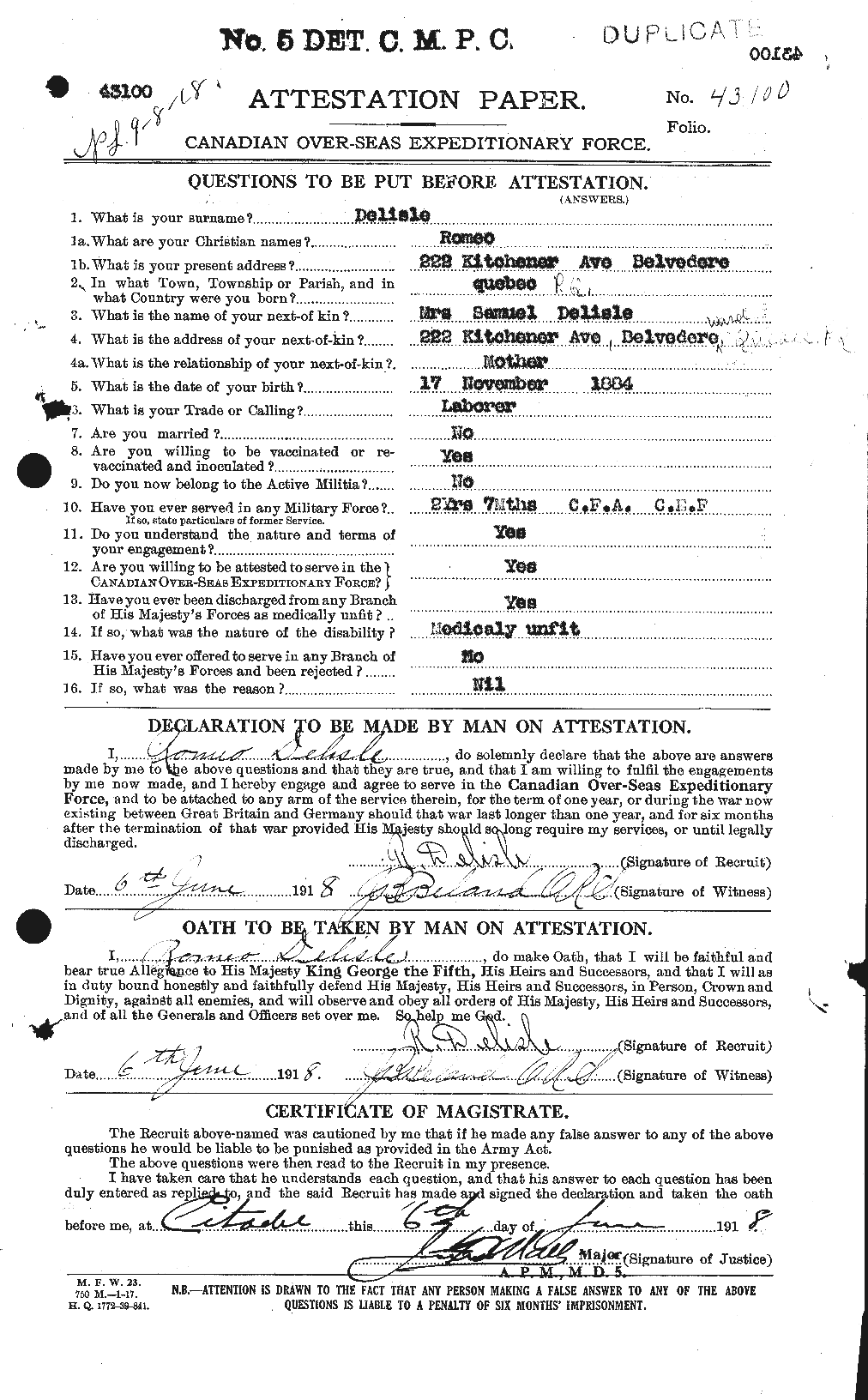Dossiers du Personnel de la Première Guerre mondiale - CEC 286641a