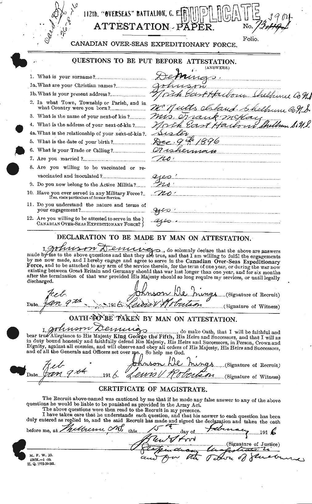 Dossiers du Personnel de la Première Guerre mondiale - CEC 286772a