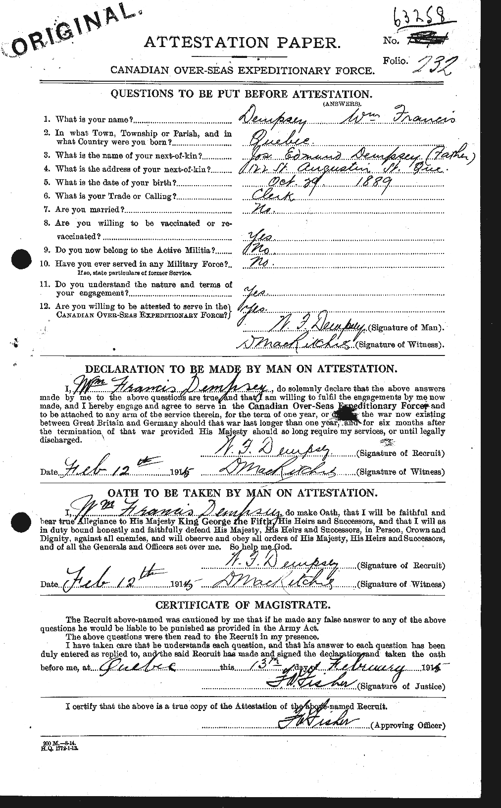 Dossiers du Personnel de la Première Guerre mondiale - CEC 286930a