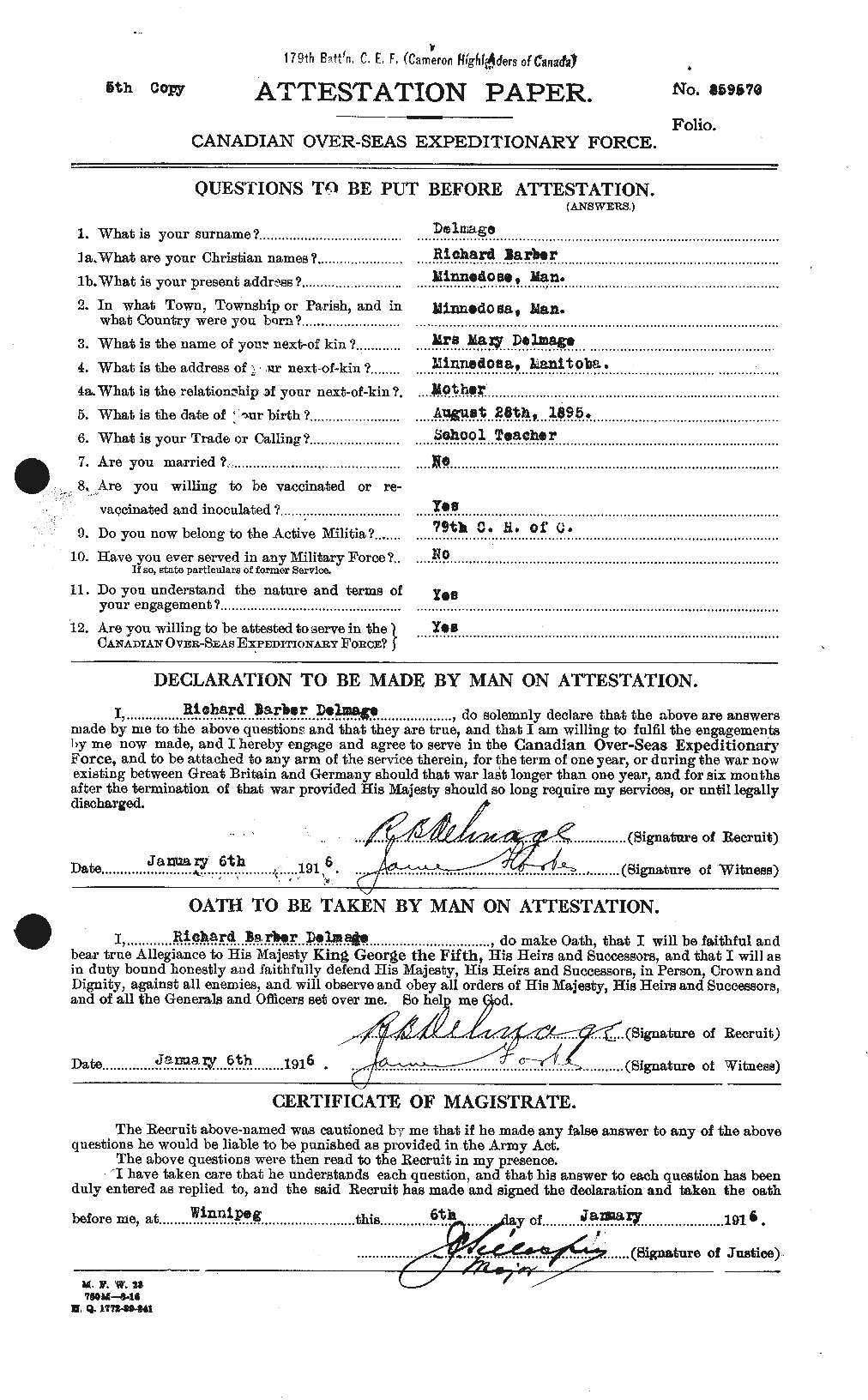 Dossiers du Personnel de la Première Guerre mondiale - CEC 287114a