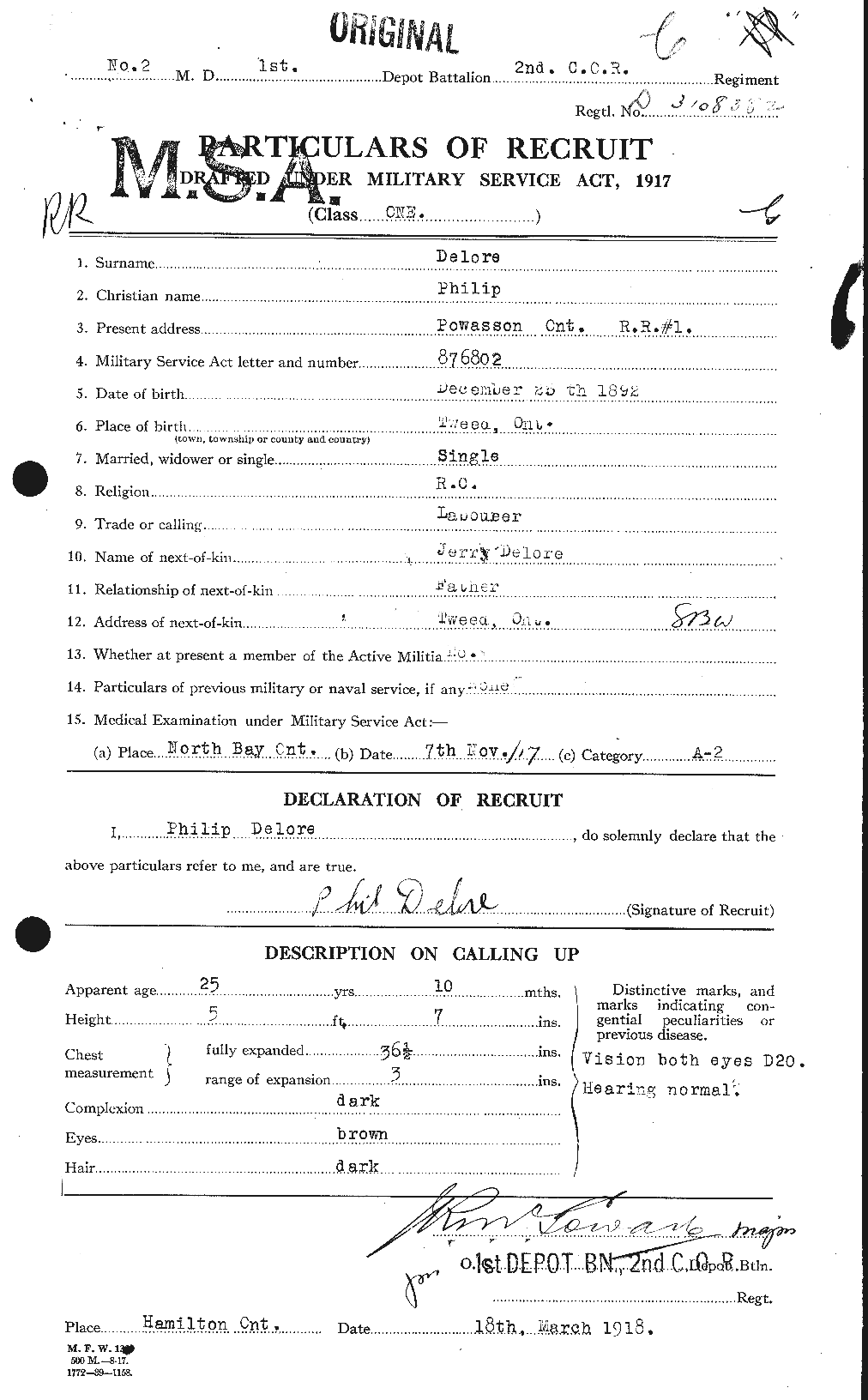 Dossiers du Personnel de la Première Guerre mondiale - CEC 287193a