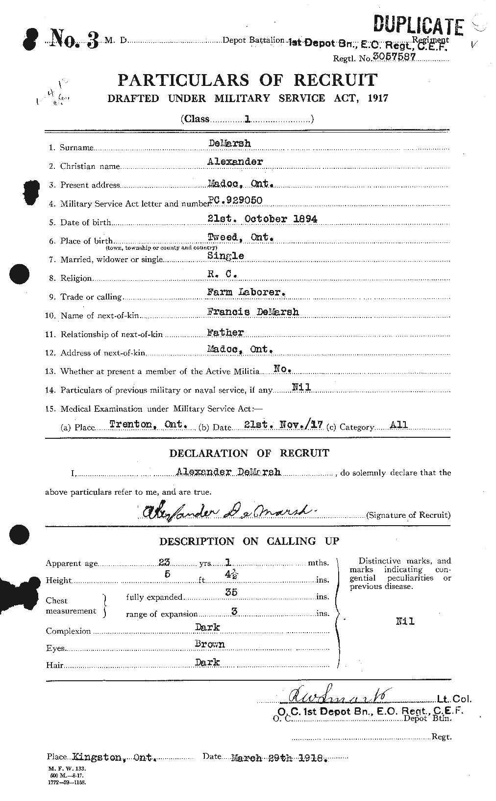 Dossiers du Personnel de la Première Guerre mondiale - CEC 287800a