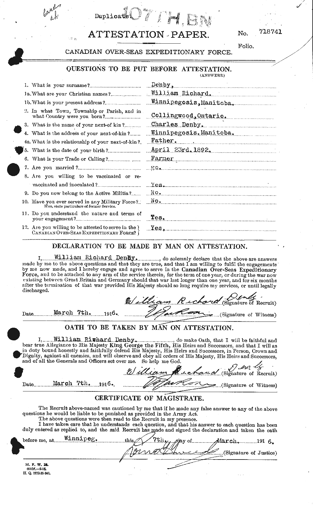 Dossiers du Personnel de la Première Guerre mondiale - CEC 287849a