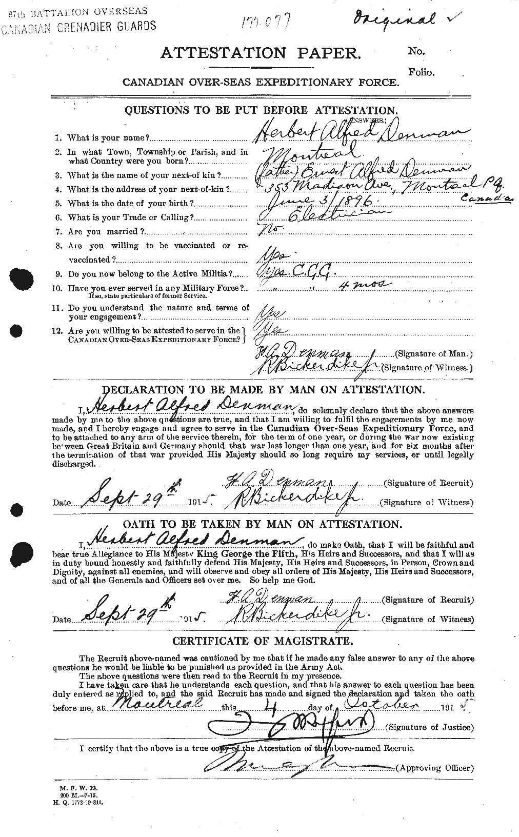 Dossiers du Personnel de la Première Guerre mondiale - CEC 288121a