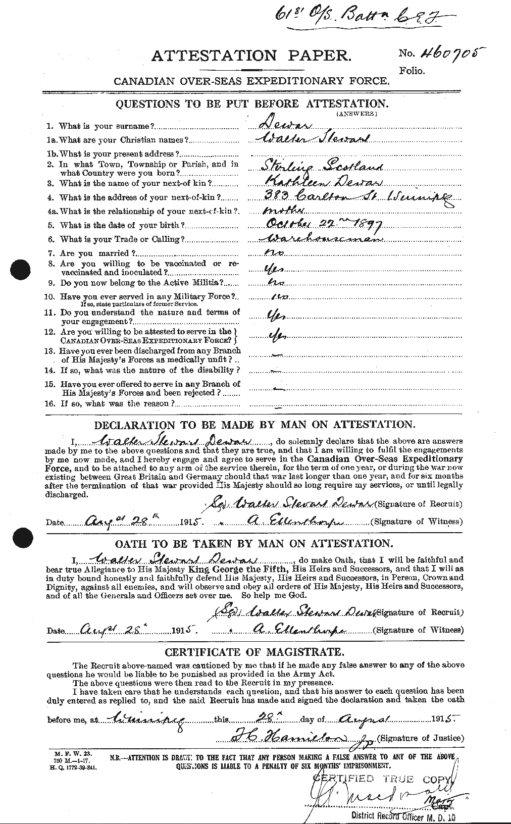 Dossiers du Personnel de la Première Guerre mondiale - CEC 288681a