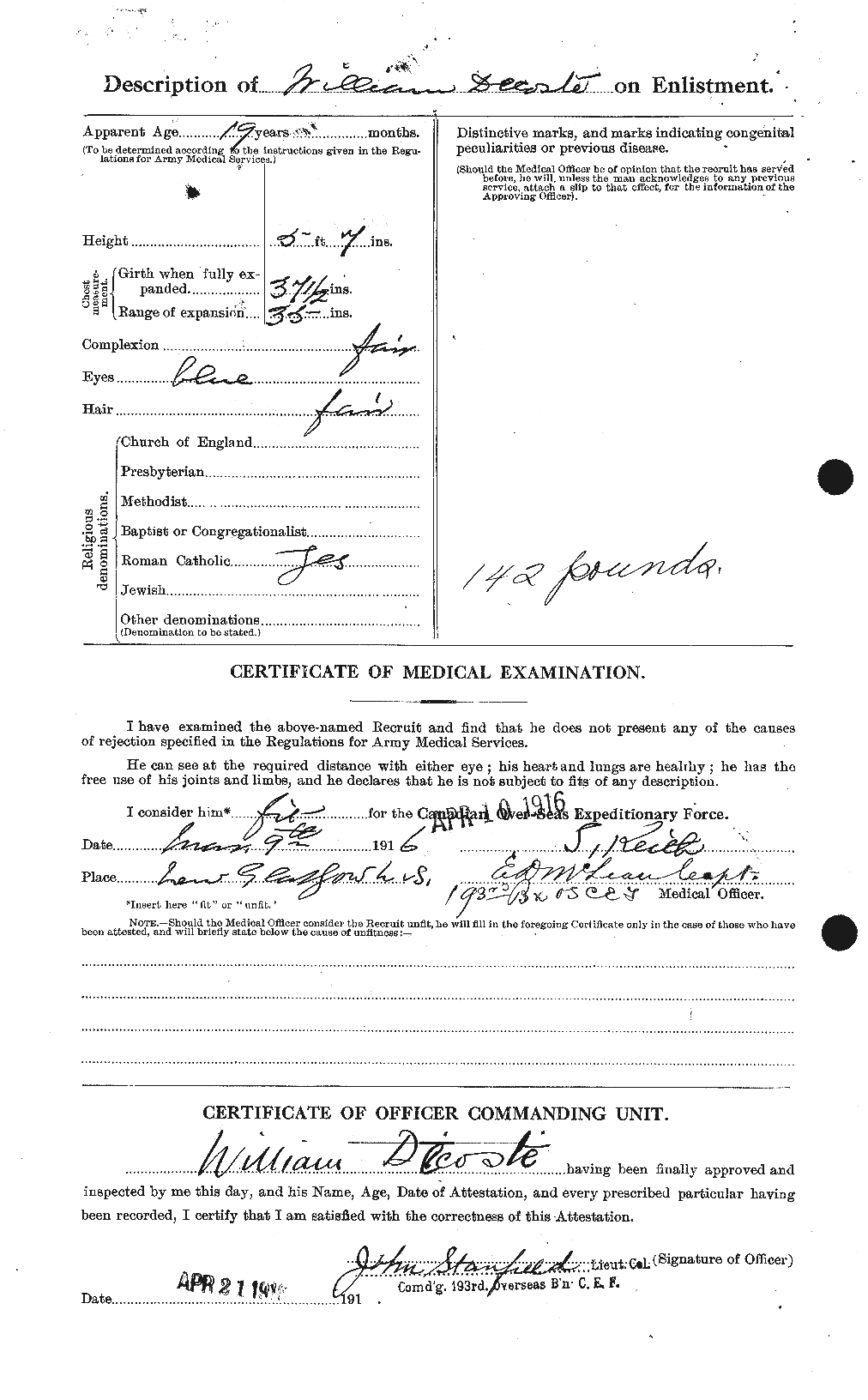 Dossiers du Personnel de la Première Guerre mondiale - CEC 289216b