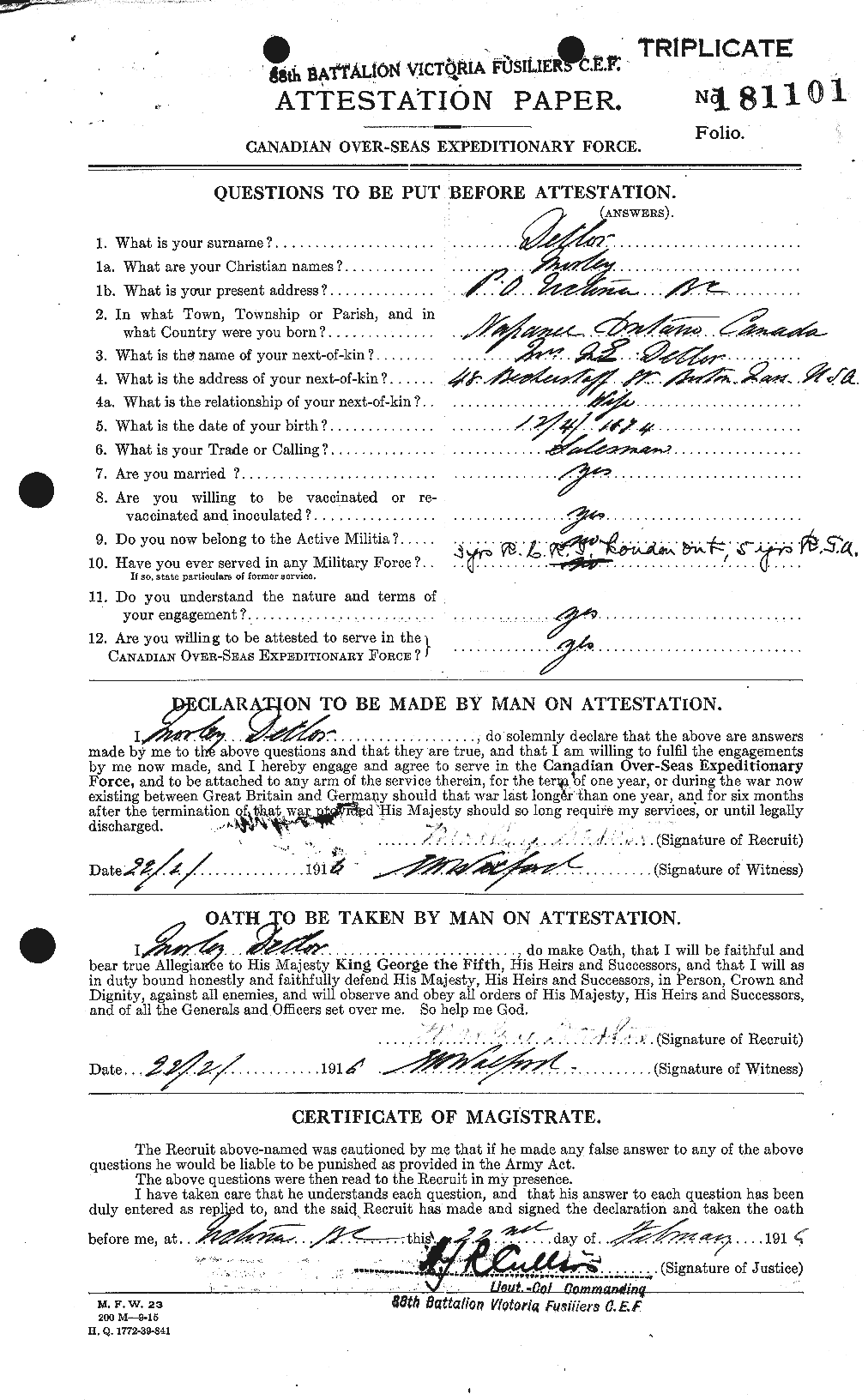 Dossiers du Personnel de la Première Guerre mondiale - CEC 289450a