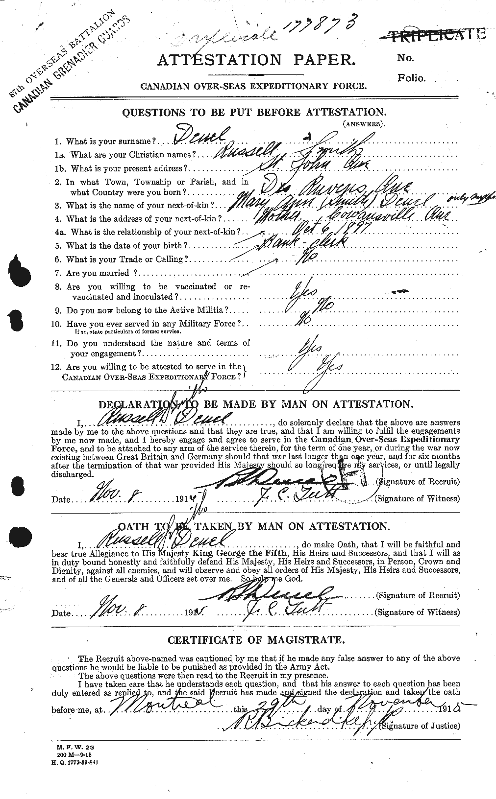 Dossiers du Personnel de la Première Guerre mondiale - CEC 289486a