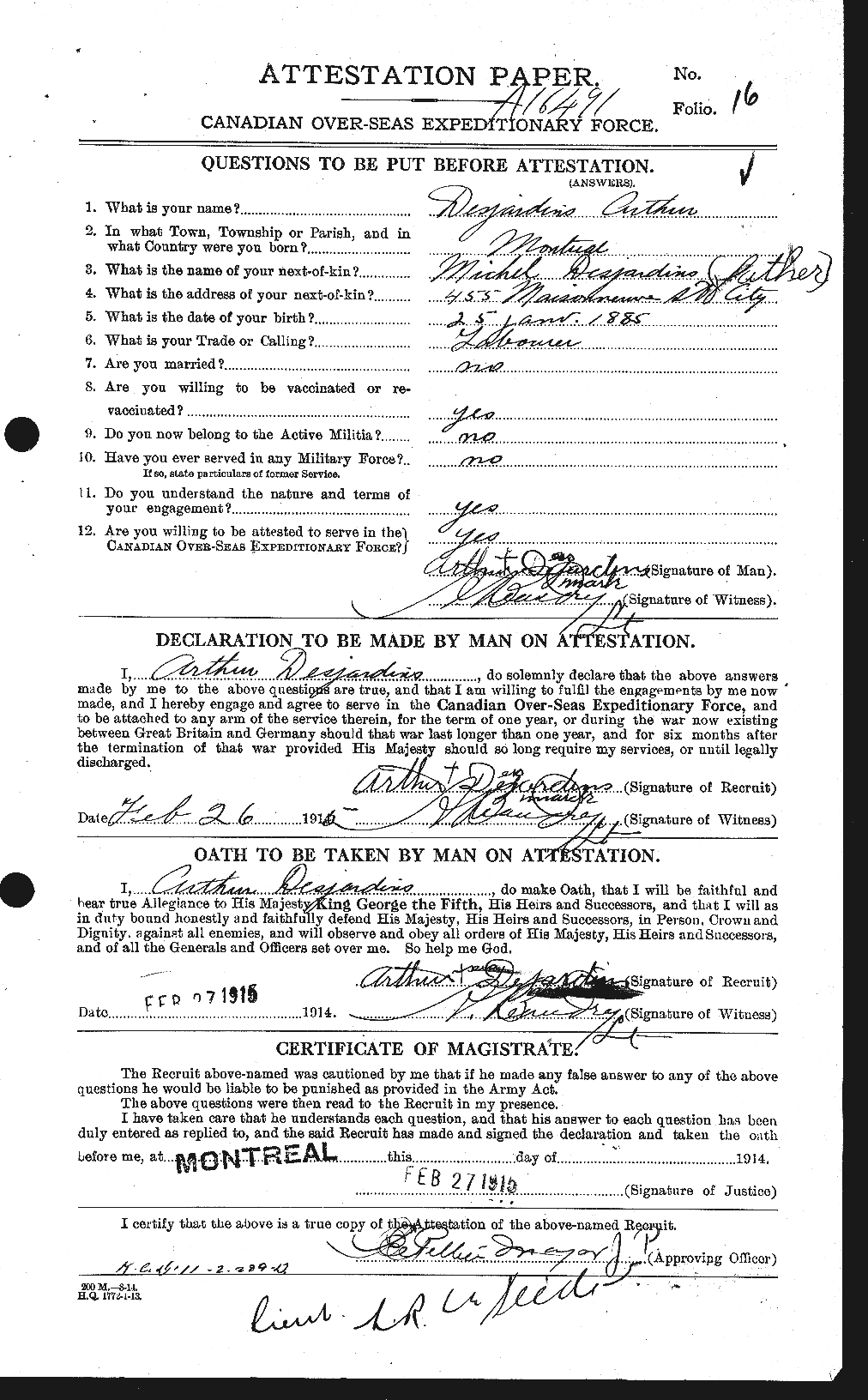 Dossiers du Personnel de la Première Guerre mondiale - CEC 289850a