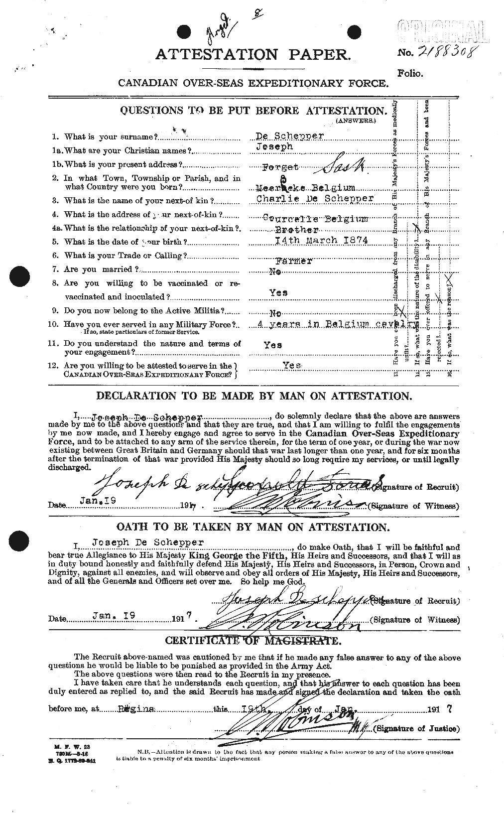 Dossiers du Personnel de la Première Guerre mondiale - CEC 290247a
