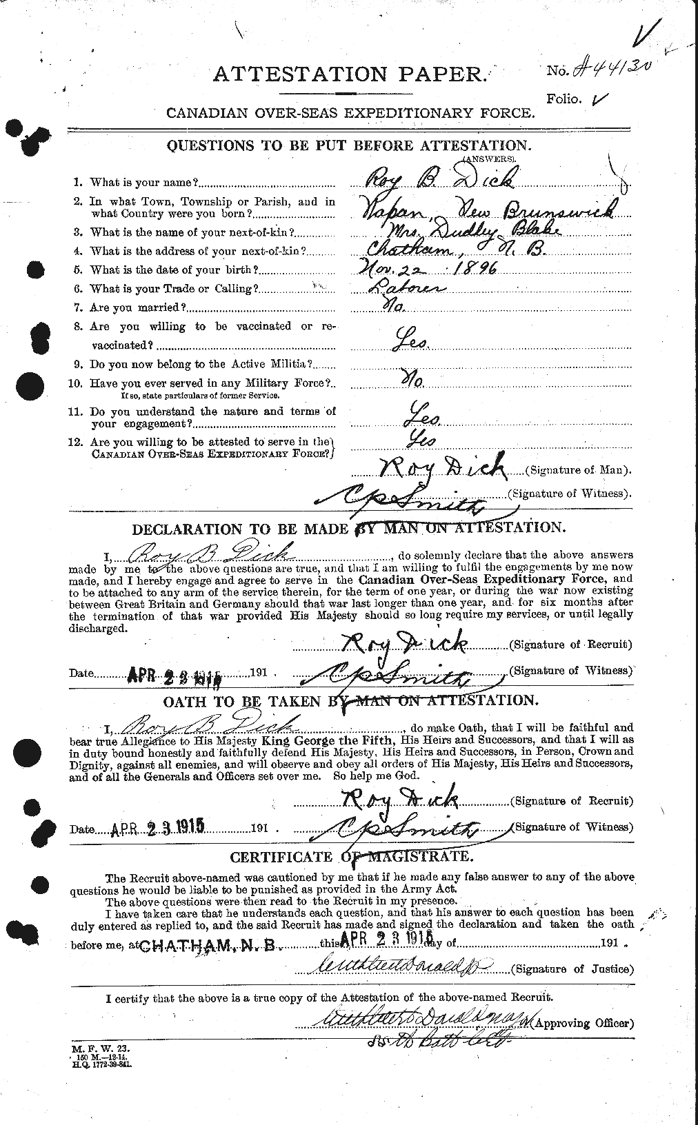 Dossiers du Personnel de la Première Guerre mondiale - CEC 290555a