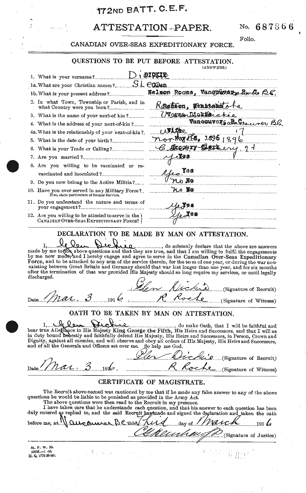 Dossiers du Personnel de la Première Guerre mondiale - CEC 290760a
