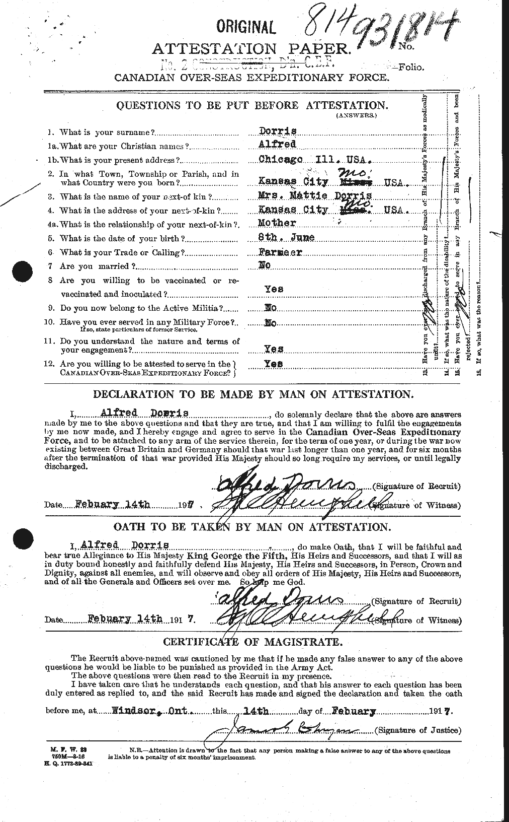 Dossiers du Personnel de la Première Guerre mondiale - CEC 291247a